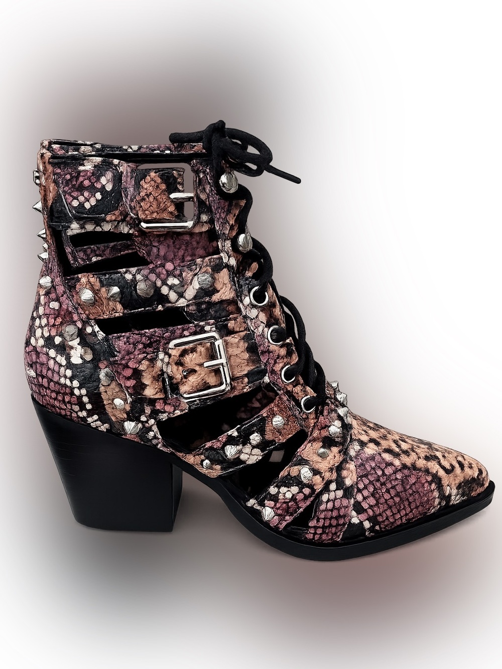 Sam Edelman Elana Snakeskin Print Cutout Lace-Up Studded Ankle Boots Block Heel - Picture 8 of 15